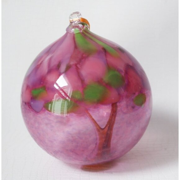 Hand-Blown Glass Ornament With Tree Design In Shades Of Pink & Green - Picture 1 of 5